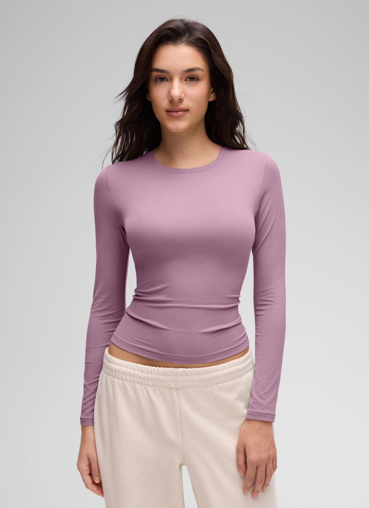 CRZ YOGA Women's Crew Neck Tight Fit Long Sleeve Shirts Casual Tee Light Lavender