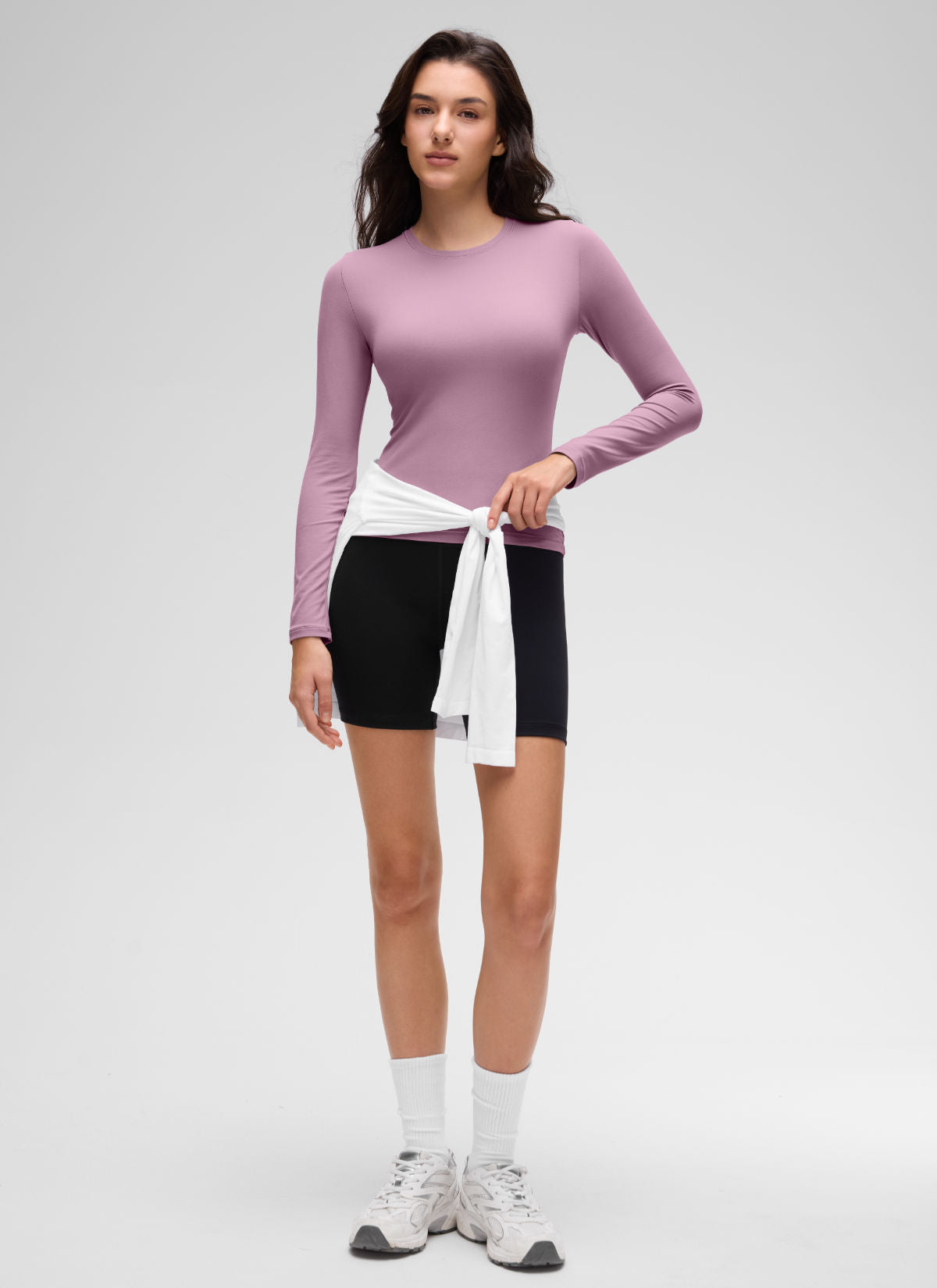 CRZ YOGA Women's Crew Neck Tight Fit Long Sleeve Shirts Casual Tee Light Lavender