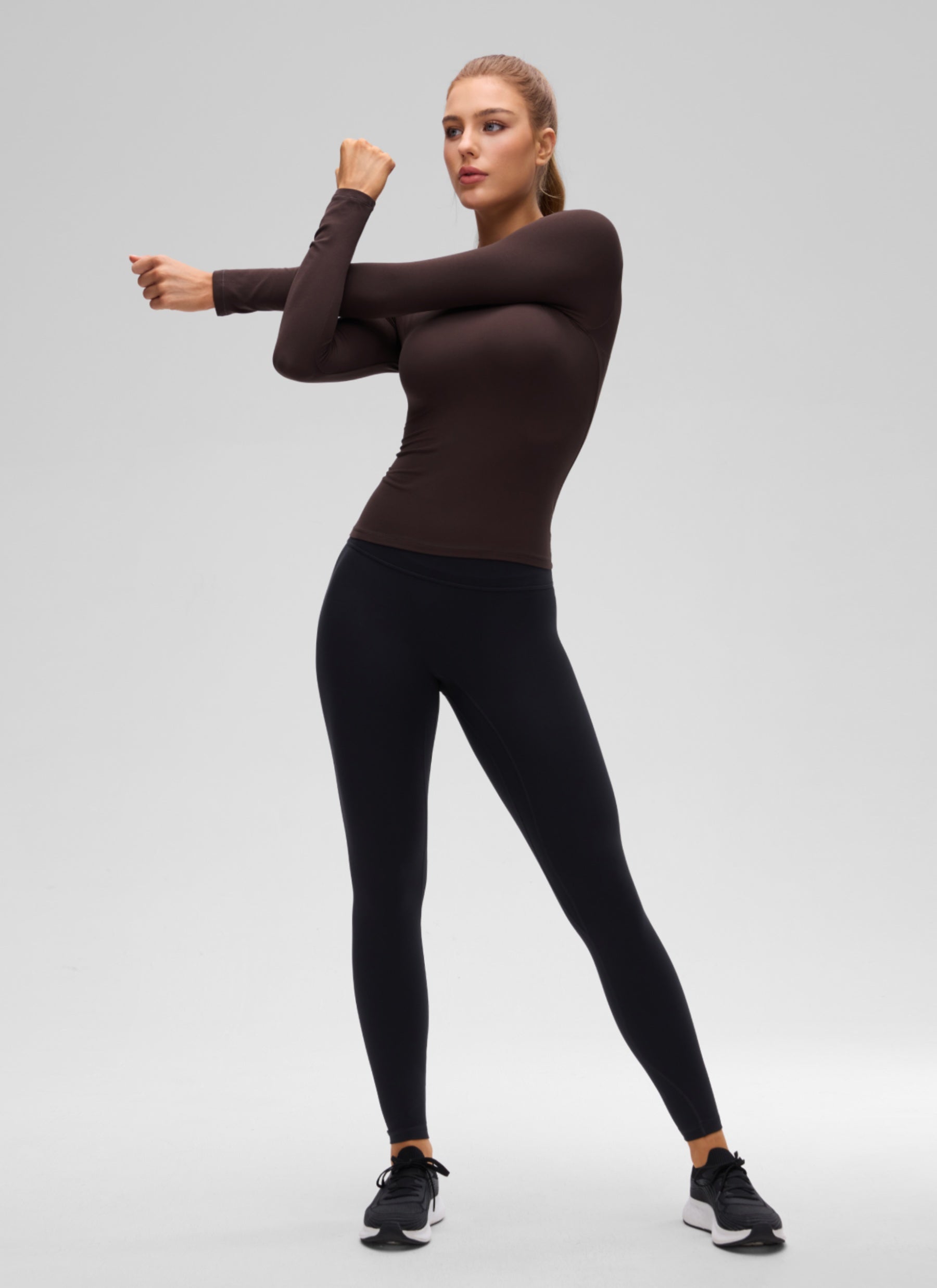 CRZ YOGA Women's Crew Neck Tight Fit Long Sleeve Shirts Casual Tee Hot Fudge Brown