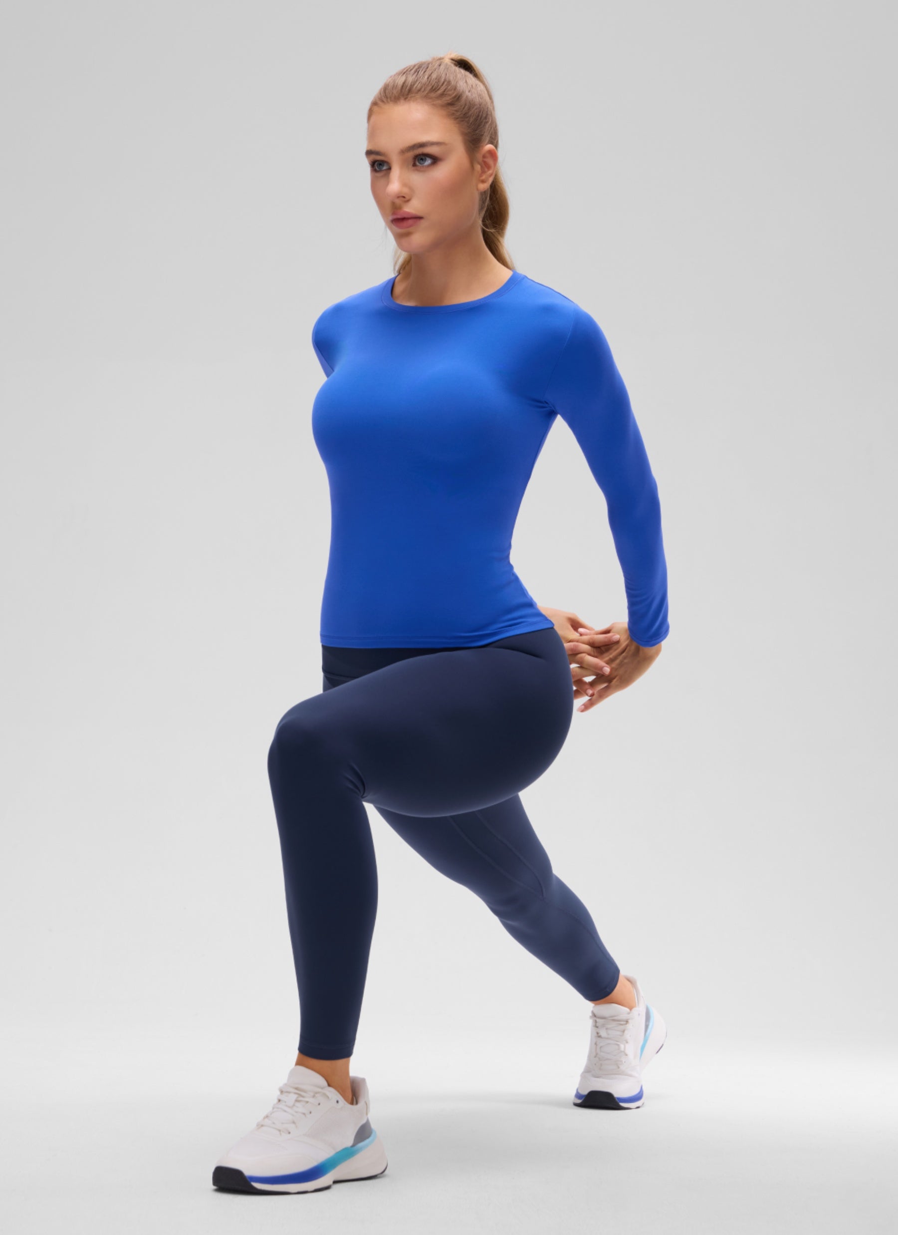 CRZ YOGA Women's Crew Neck Tight Fit Long Sleeve Shirts Casual Tee Sparkle Blue