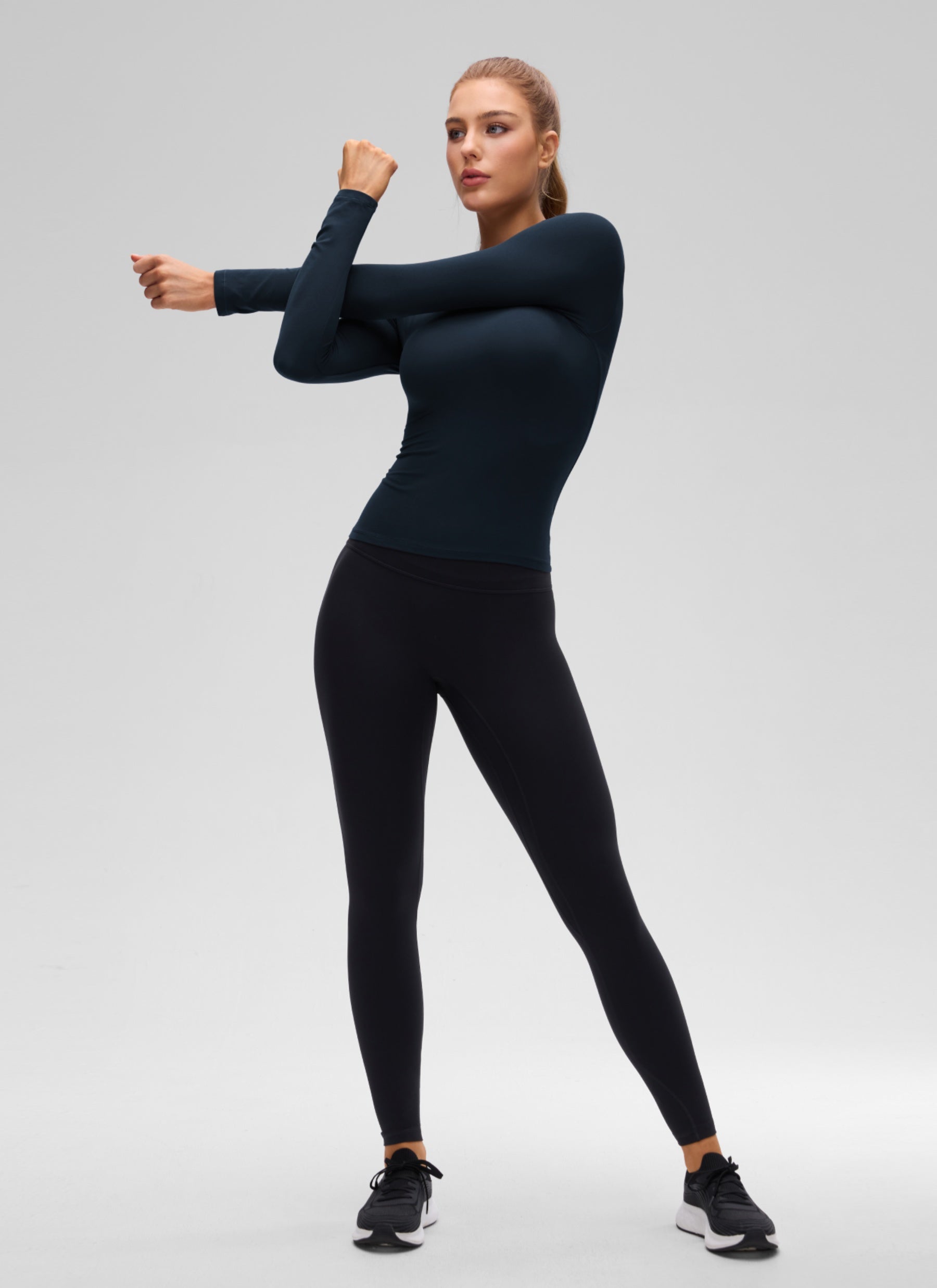 CRZ YOGA Women's Crew Neck Tight Fit Long Sleeve Shirts Casual Tee True Navy