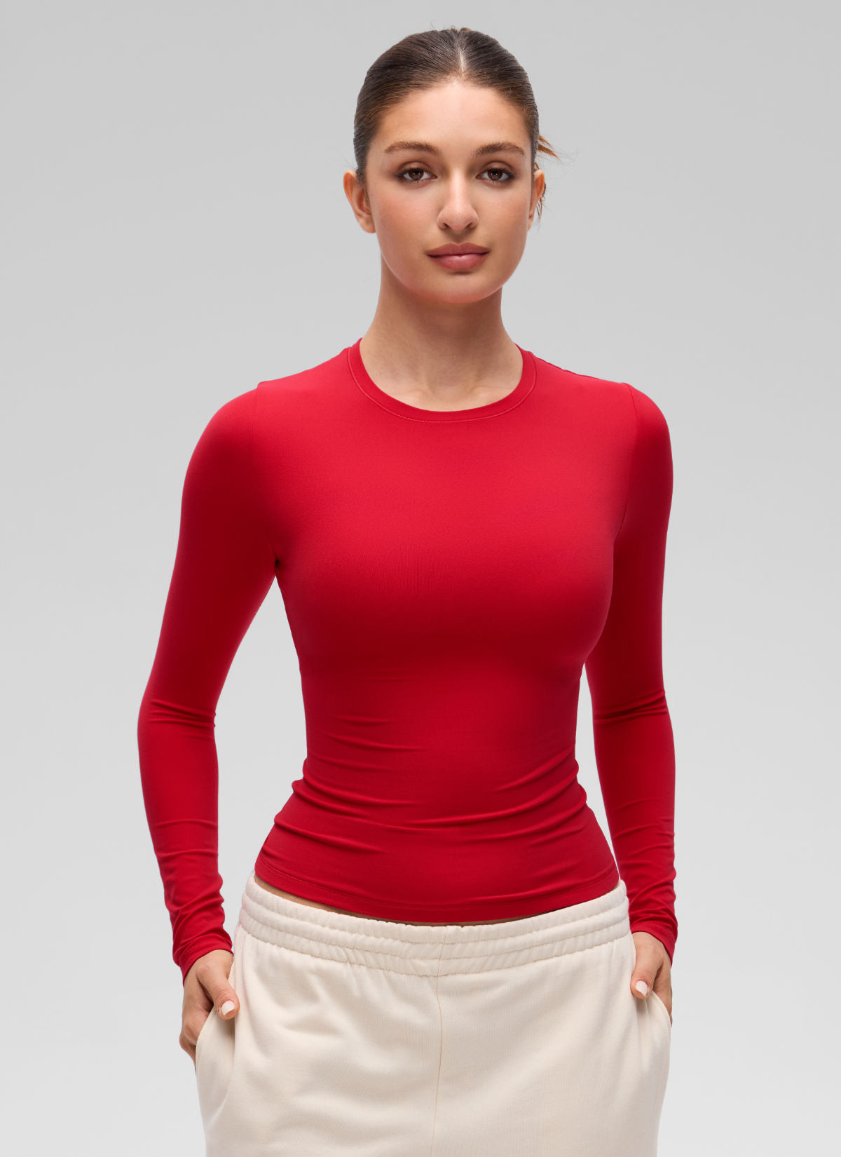 CRZ YOGA Women's Crew Neck Tight Fit Long Sleeve Shirts Casual Tee Red Chili