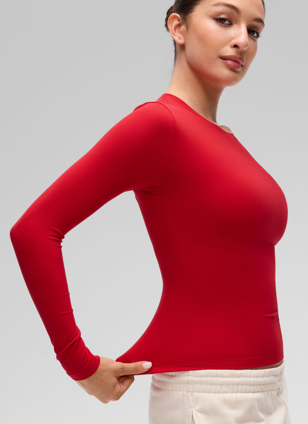 CRZ YOGA Women's Crew Neck Tight Fit Long Sleeve Shirts Casual Tee Red Chili