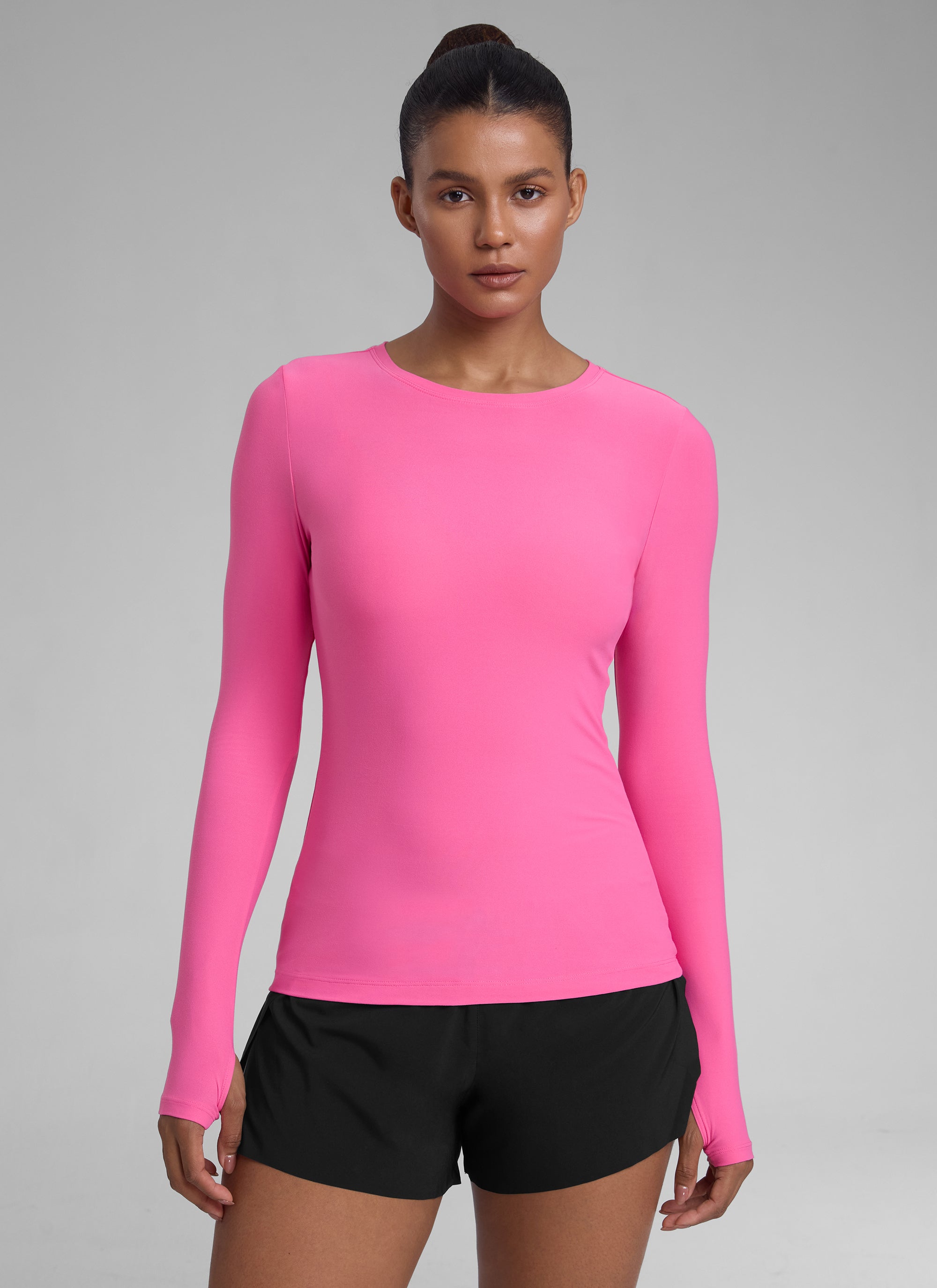 CRZYOGA Women's Cloudweight Workout Crewneck Long Sleeve Thumb Hole Hot Fudge Brown