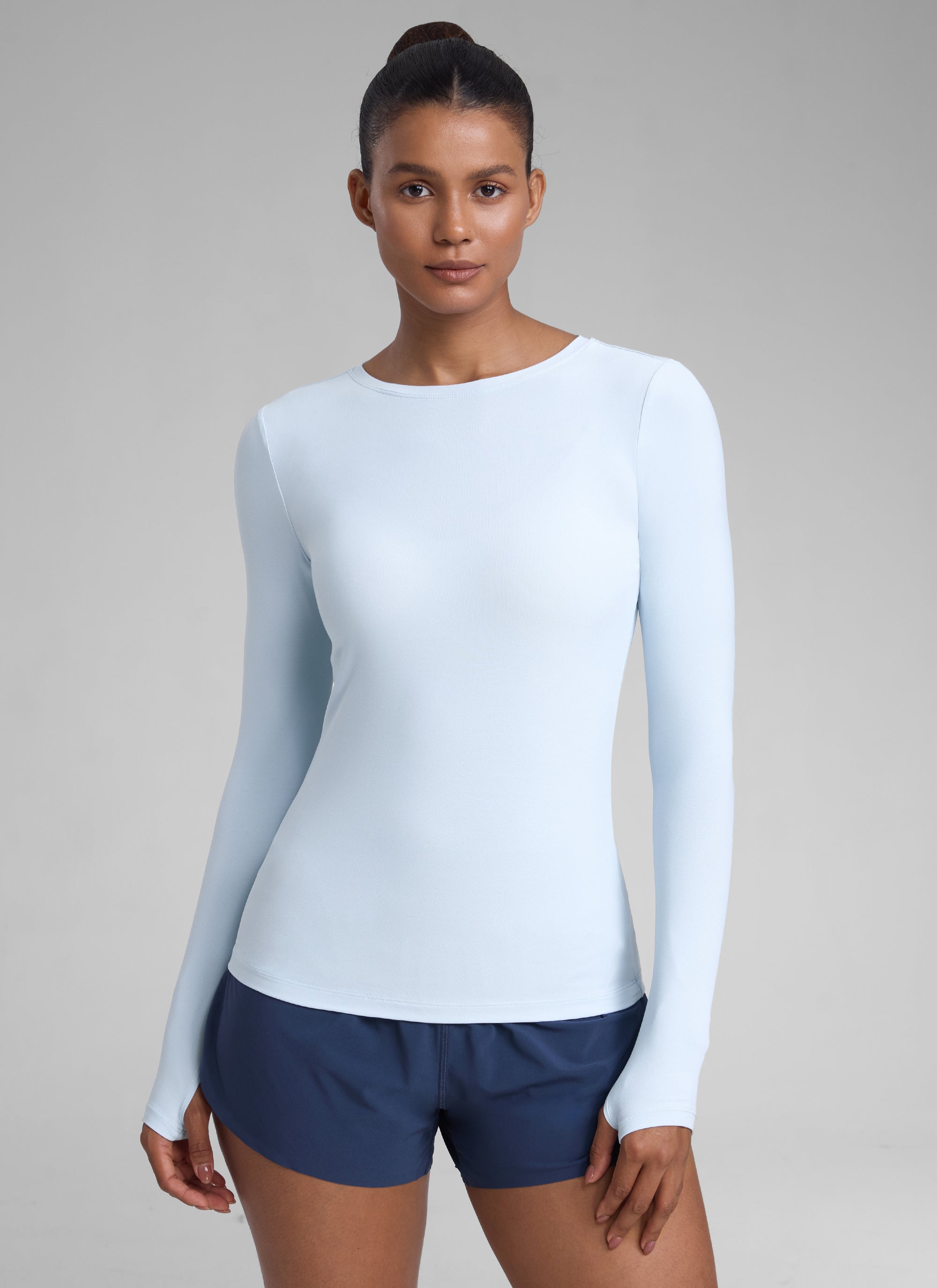 CRZYOGA Women's Cloudweight Workout Crewneck Long Sleeve Thumb Hole Mysterious Grey