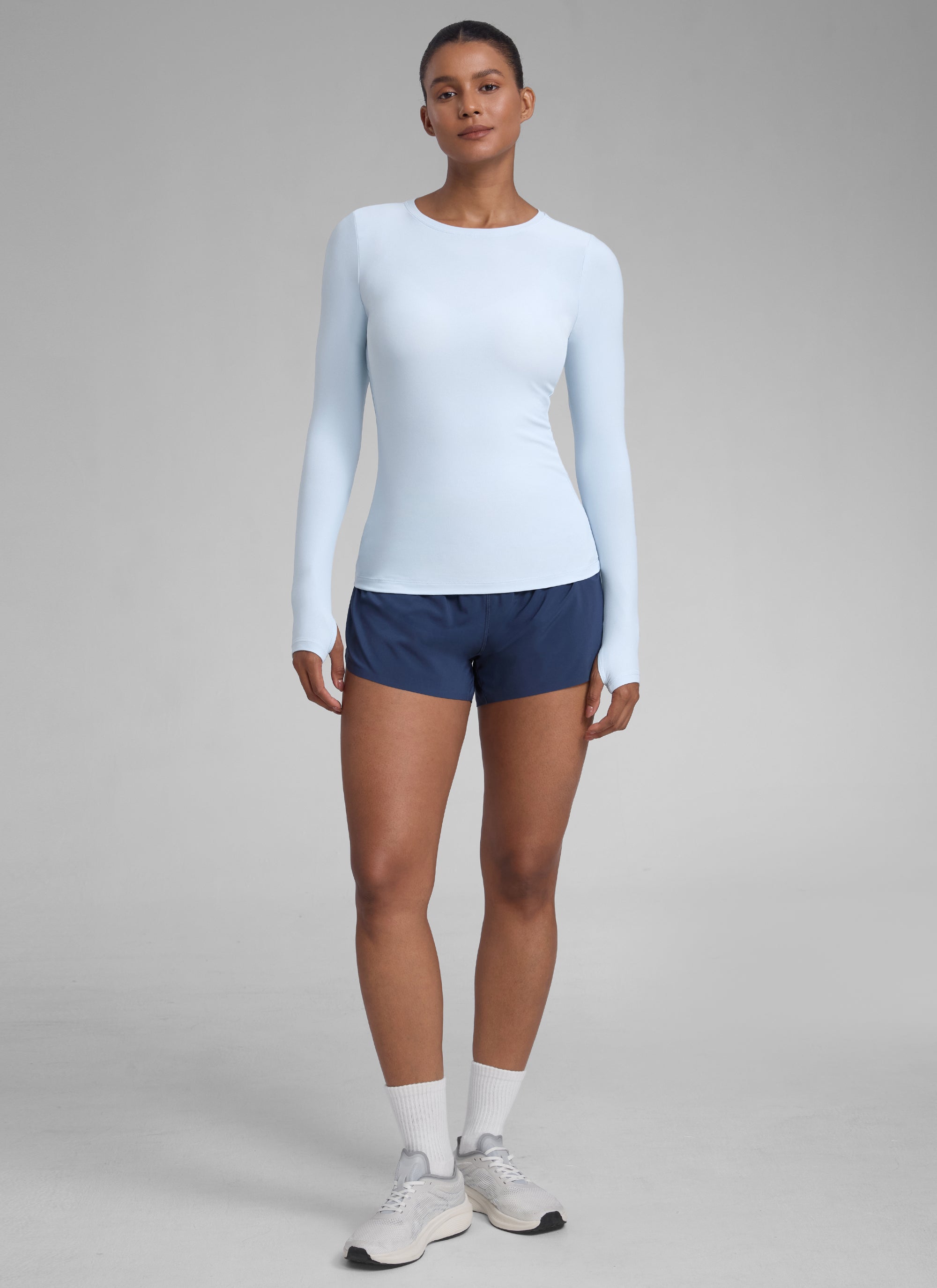 CRZYOGA Women's Cloudweight Workout Crewneck Long Sleeve Thumb Hole Mysterious Grey
