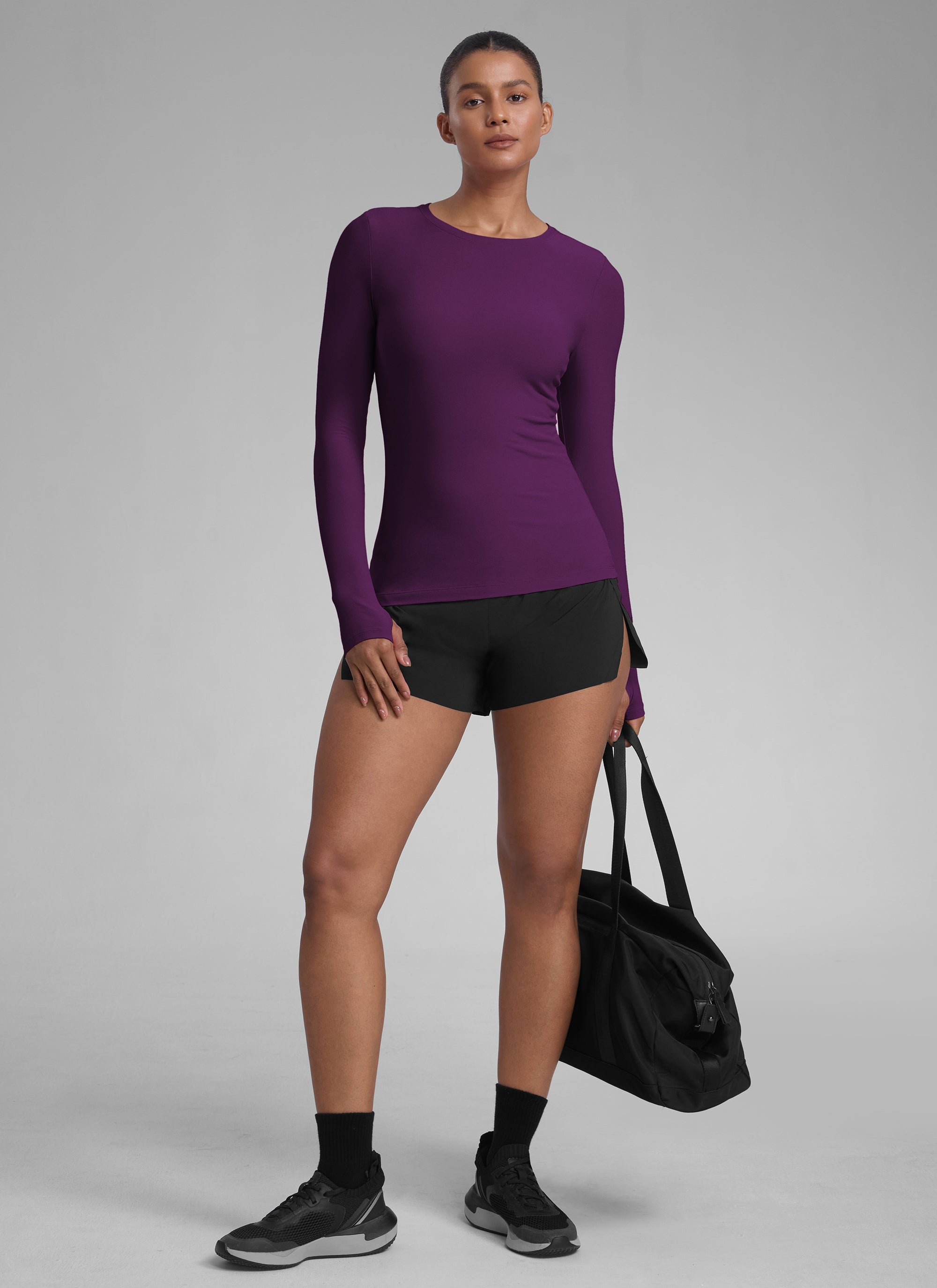 CRZYOGA Women's Cloudweight Workout Crewneck Long Sleeve Thumb Hole Plum Magenta