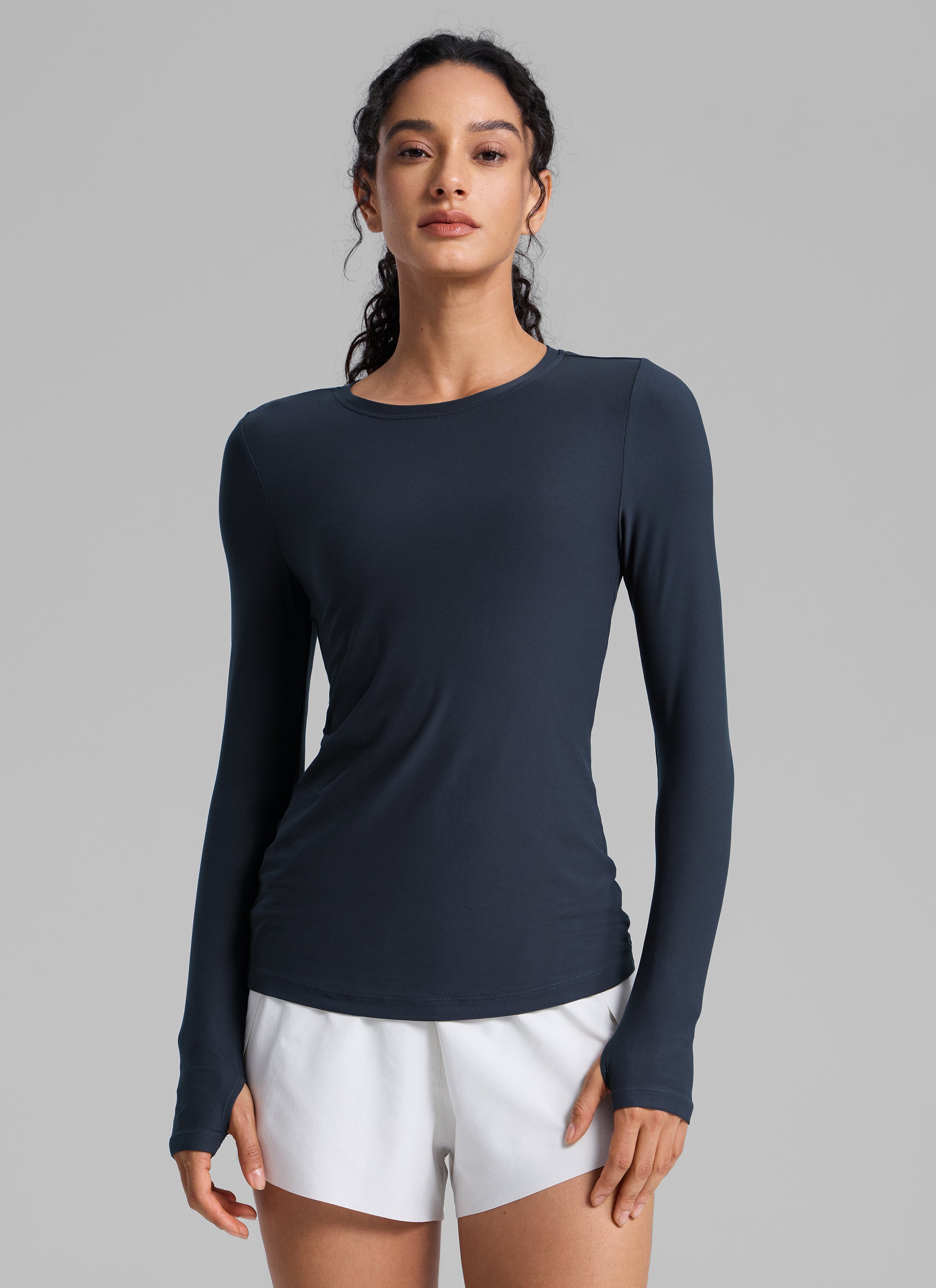 CRZYOGA Women's Cloudweight Workout Crewneck Long Sleeve Thumb Hole True Navy