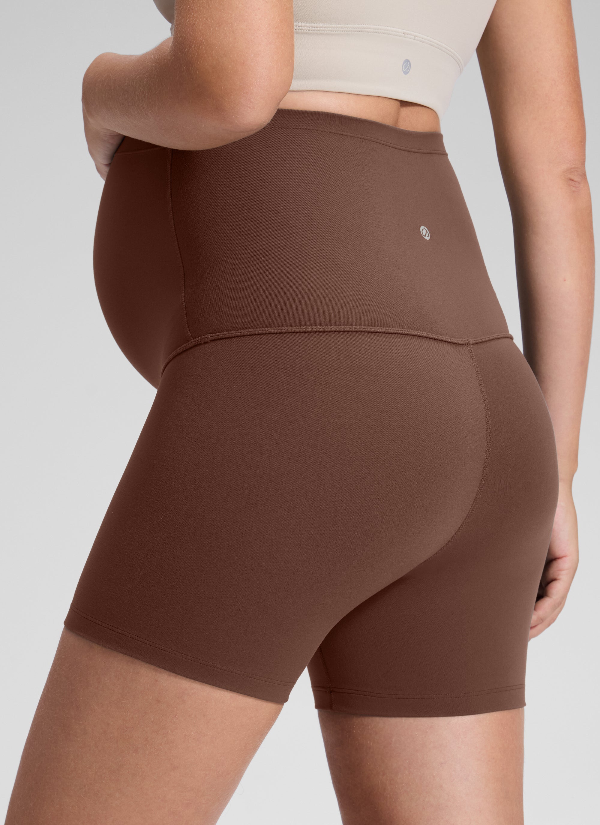CRZ YOGA Women's Maternity Biker Shorts Super High Rise Butterluxe 4'' Coffee Brown