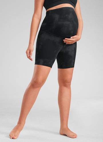 CRZ YOGA Women's Maternity Biker Shorts Super High Rise Butterluxe 6'' Black Tie Dye Flowers