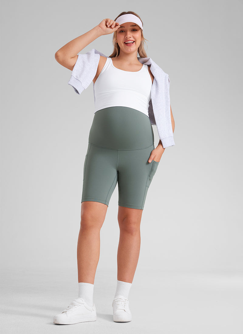 CRZ YOGA Women's Maternity Biker Shorts with Pockets Butterluxe 8'' Grey Sage