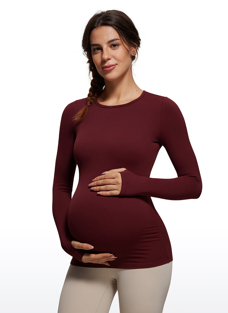 CRZ YOGA Women Butterluxe Long Sleeve Maternity Crewneck Pregnancy Top Taupe