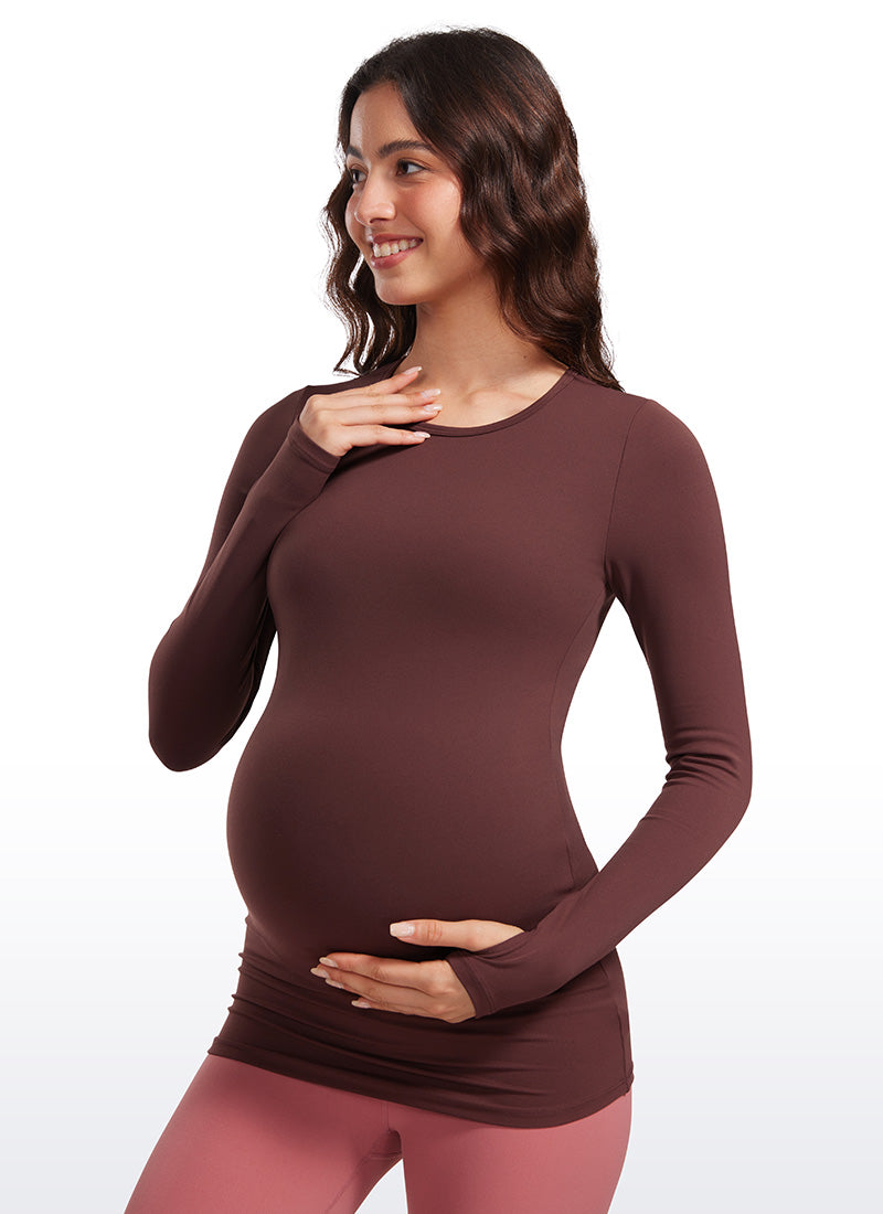 CRZ YOGA Women Butterluxe Long Sleeve Maternity Crewneck Pregnancy Top Taupe