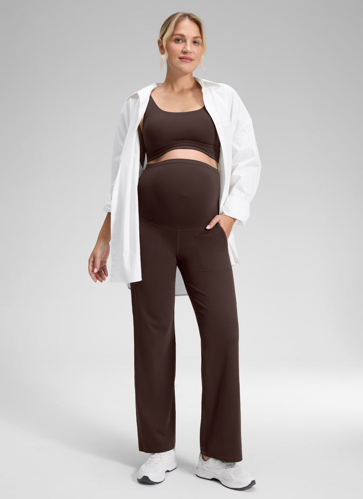 CRZ YOGA Women Butterluxe Maternity Wide Leg Pants with Pockets 31.5" Hot Fudge Brown