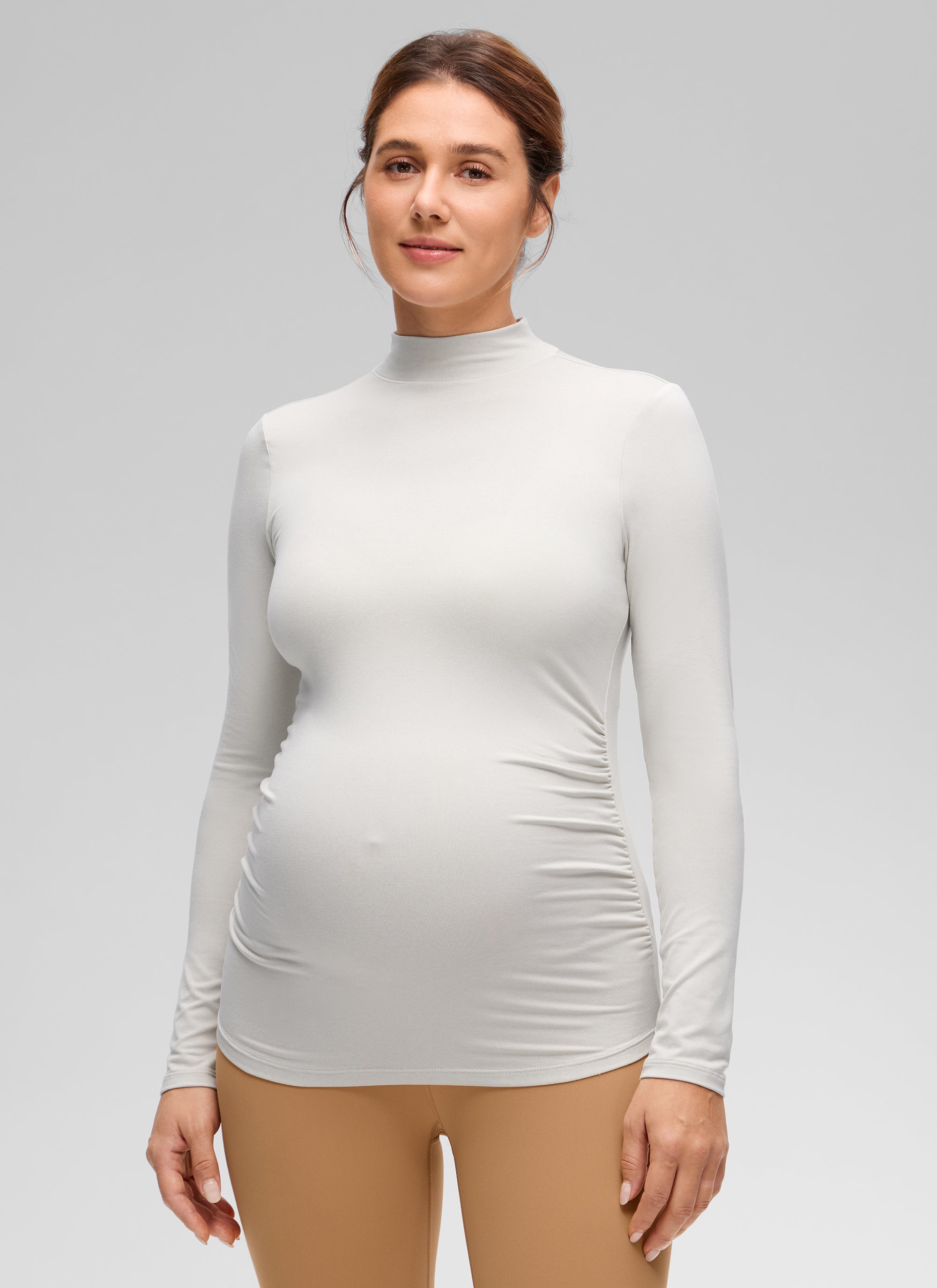 CRZ YOGA Women's Cloud Jersey Maternity Casual Mock Neck Ruched Shirt Milky White