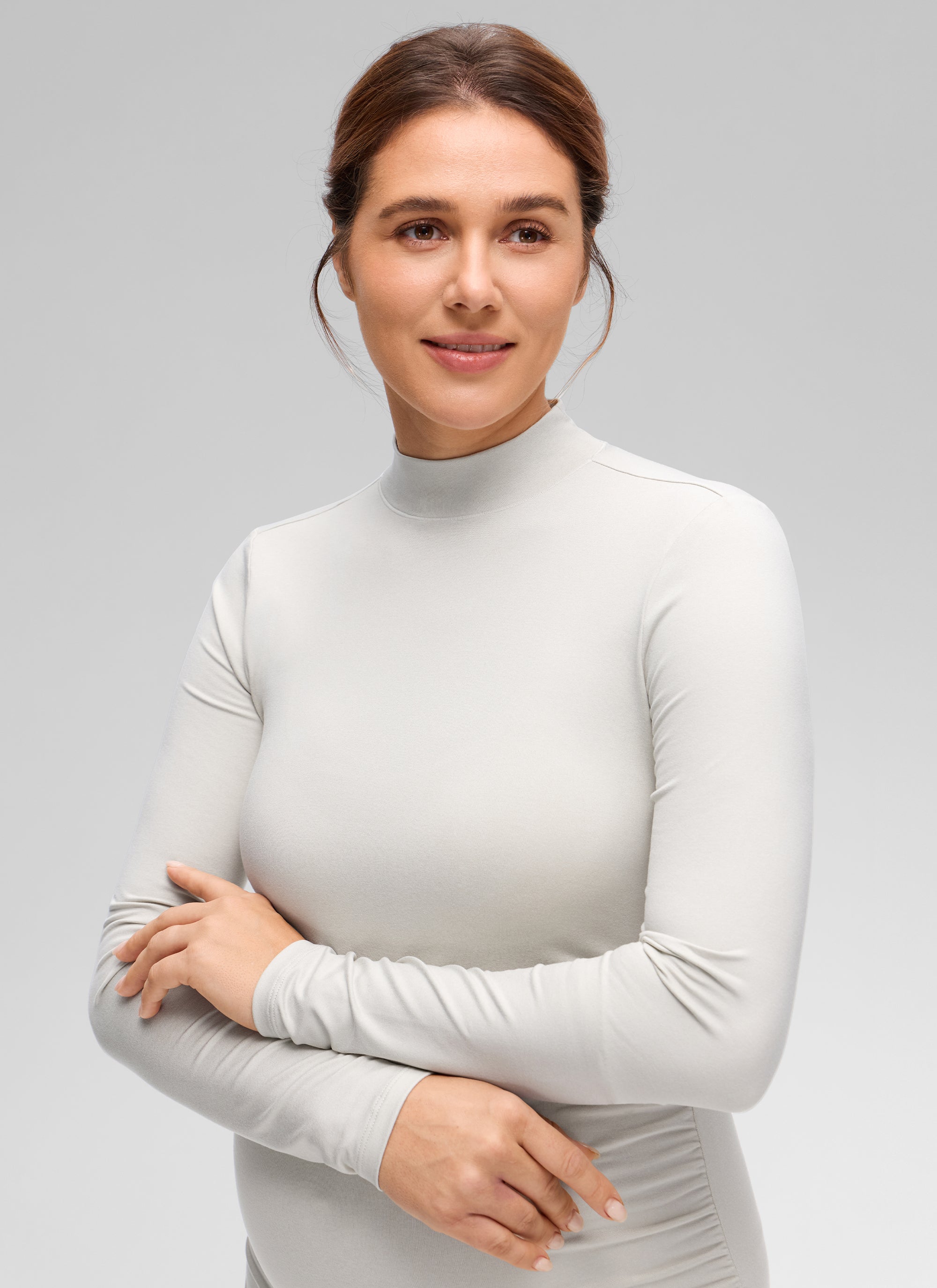 CRZ YOGA Women's Cloud Jersey Maternity Casual Mock Neck Ruched Shirt Milky White