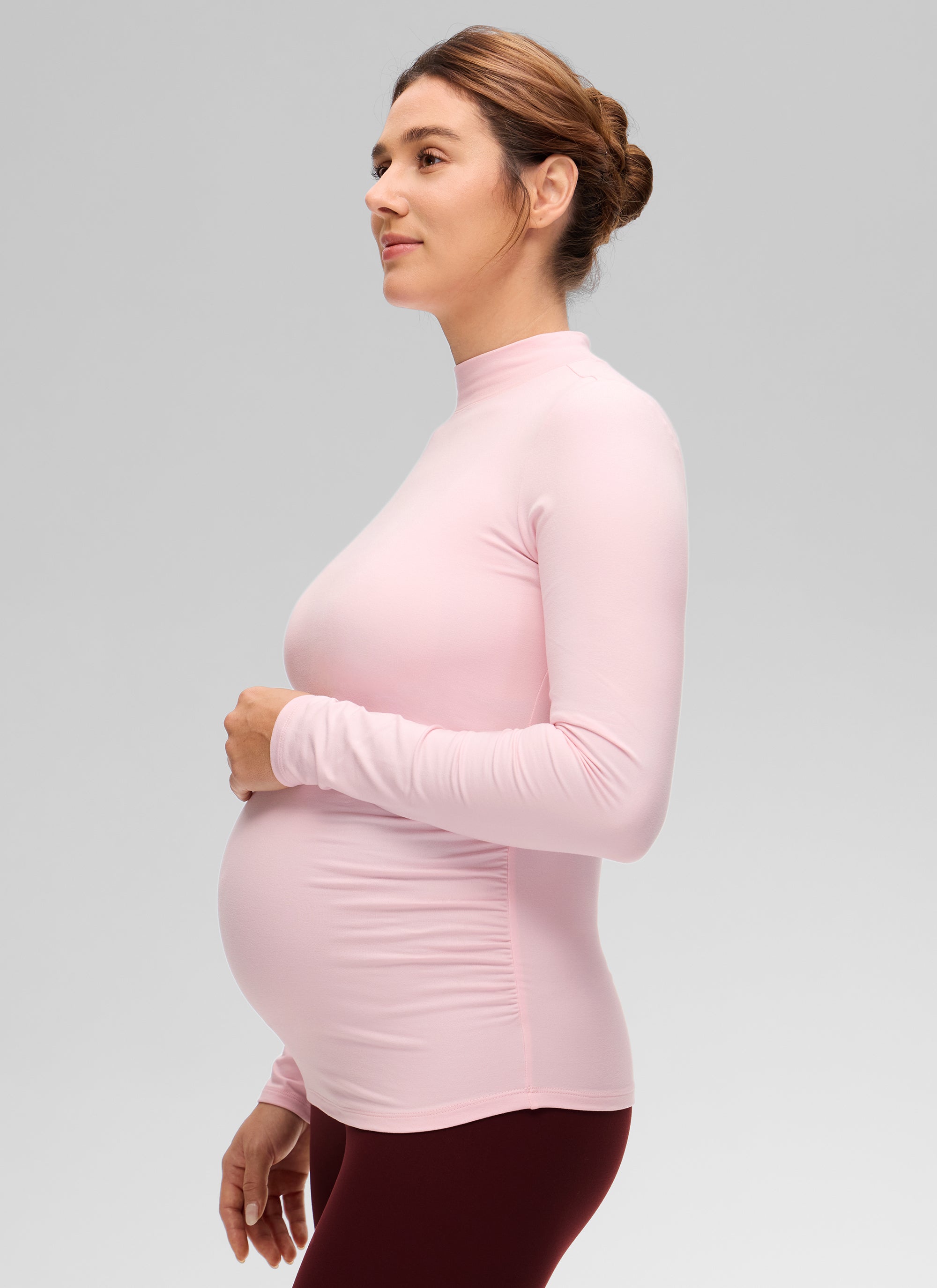 CRZ YOGA Women's Cloud Jersey Maternity Casual Mock Neck Ruched Shirt Strawberry Pink